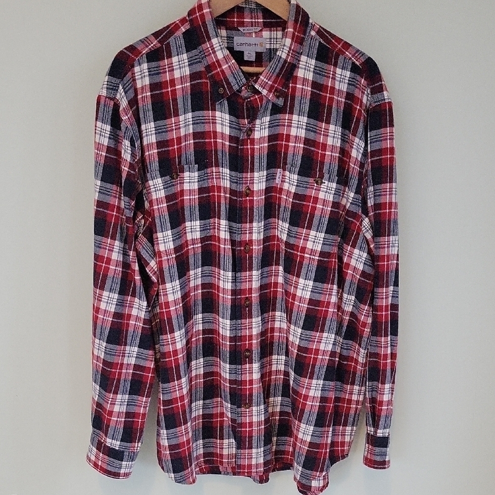 Carhartt Red and Black Casual Button Down Flannel Shirt 100% cotton. 2XL.